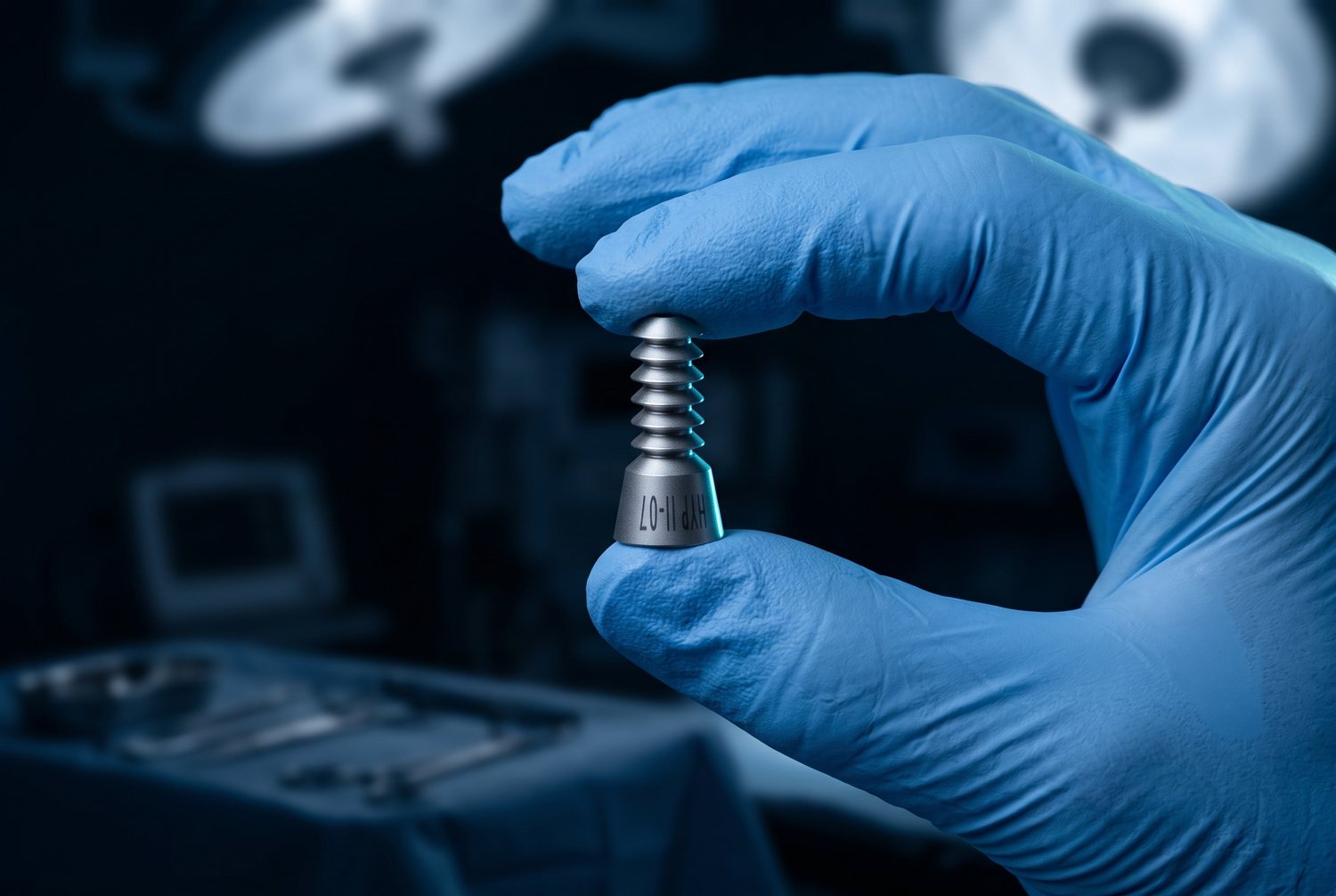 A HyProCure sinus tarsi implant held in a gloved hand