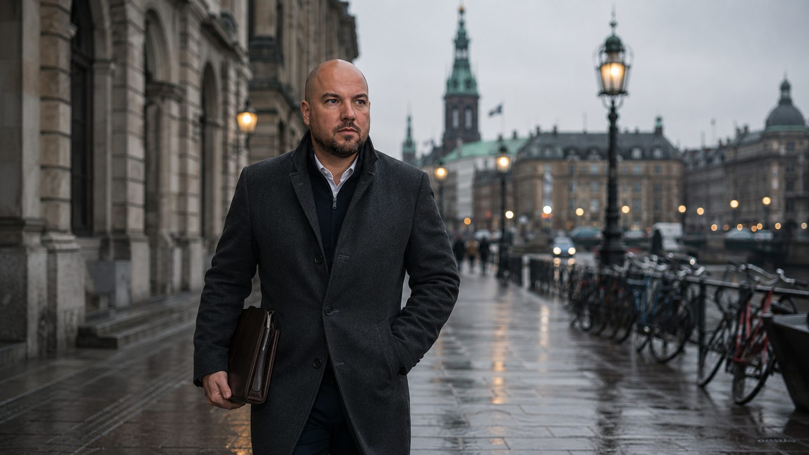 Joe Monroe walking through a northern European city at dawn
