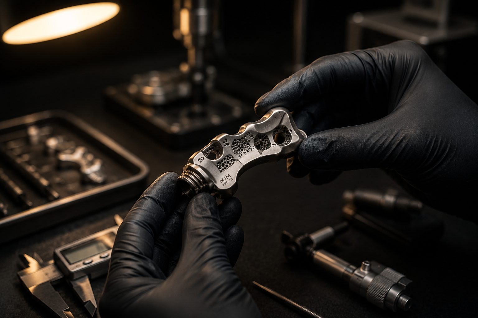 Joe Monroe, medtech CEO and operating partner, inspecting a precision component with a clean-room technician