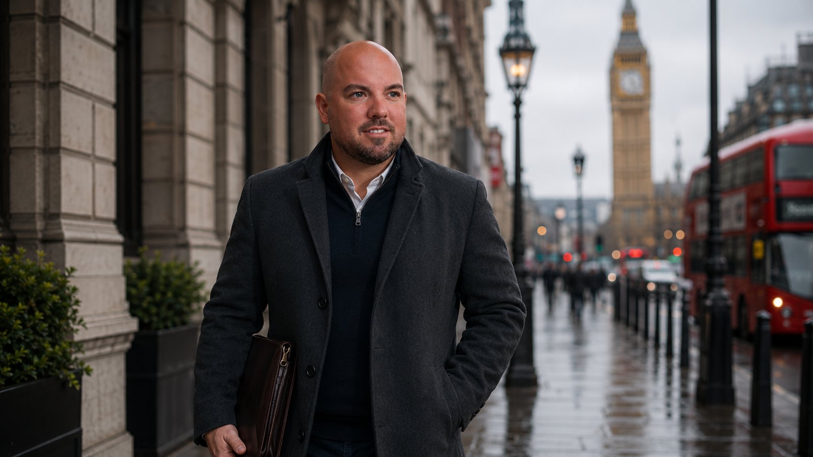 Joe Monroe walking a London street, Big Ben behind