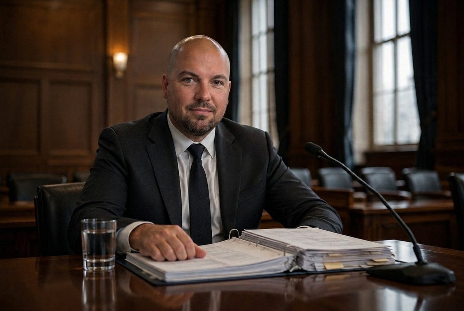 Joe Monroe seated at a hearing table reviewing a regulatory submission binder